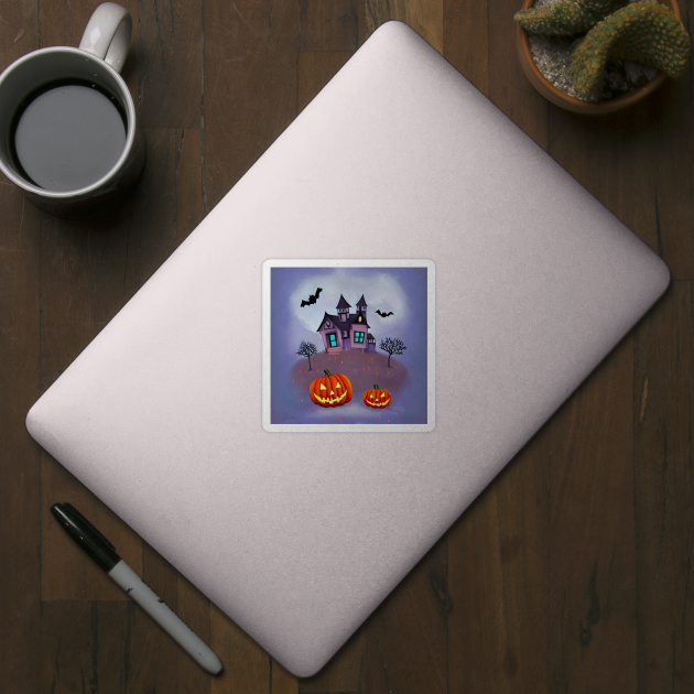 Spooky Purple Haunted House With Three Horned Bats and Pumpkins digital painting by SubtleSplit